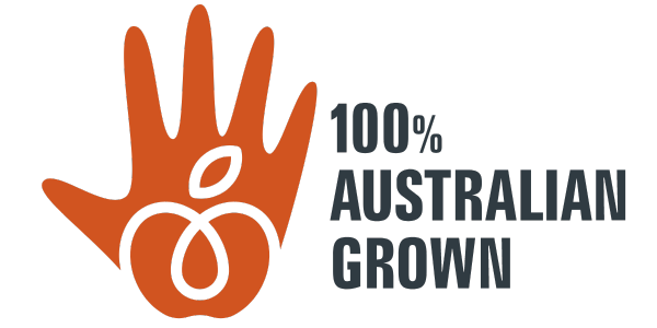 Stylised Logo of a hand grabbing an apple and the words "100% Australian Grown". The trustmark of Cider Australia.